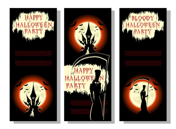 Szett Halloween háttérrel vagy szórólap: halál ijesztő Kasza, denevérek, vár és véres címet rajzfilm stílusban. Koncepció tervezés banner, poszter, meghívó vagy jegy a buli. Vektoros illusztráció - Vektor, kép