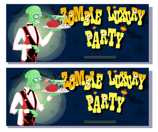 Set of banners for halloween holiday party with cute elegant zombie waiter drawing in funny cartoon retro style. Concept design poster or card. Vector illustration isolated on white background. - Vector, Image