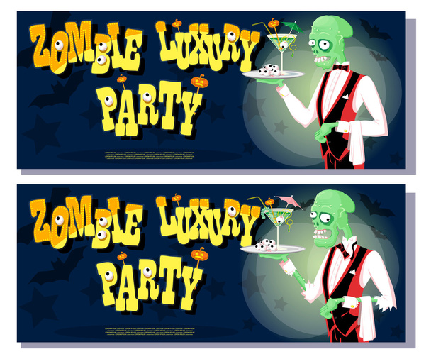 Set van banners voor Halloween vakantie partij met leuke elegante Zombie ober tekening in grappige cartoon retro stijl. Concept ontwerp poster of kaart. Vector illustratie geïsoleerd op witte achtergrond. - Vector, afbeelding