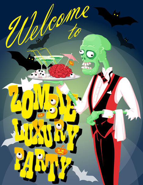 Halloween achtergrond: grappige Zombie ober met cocktail en hersenen. Cartoon stijl. Ontwerp poster, banner, flyer of vakantie kaart. Vector illustratie - Vector, afbeelding