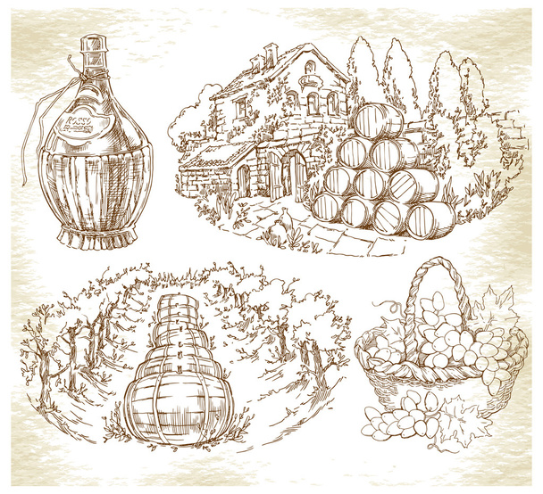 Hand made sketch grape fields and vineyards. - Vektor, obrázek