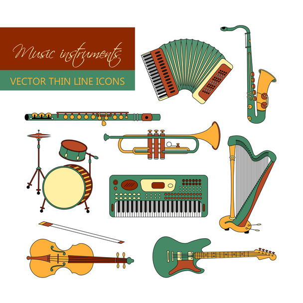 Векторный цвет тонкой линии иконы с различными музыкальными инструментами
 - Вектор,изображение