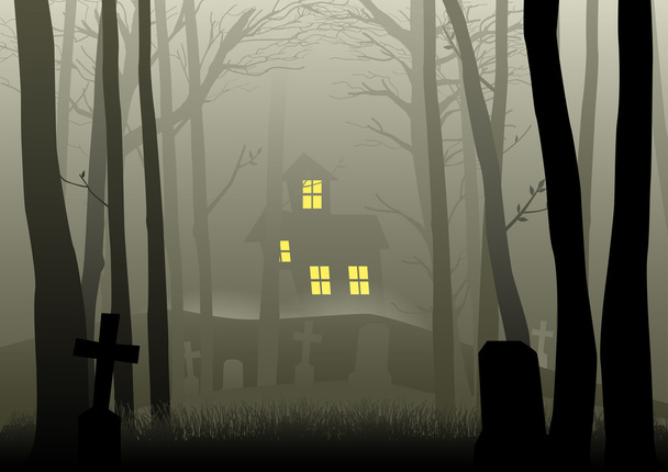 Ijesztő house és a temető a sötét erdőben - Vektor, kép
