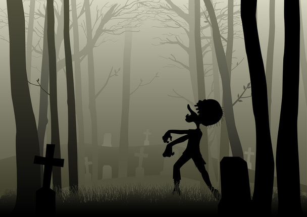 Zombie walking on the graveyard in dark woods - Vector, Image