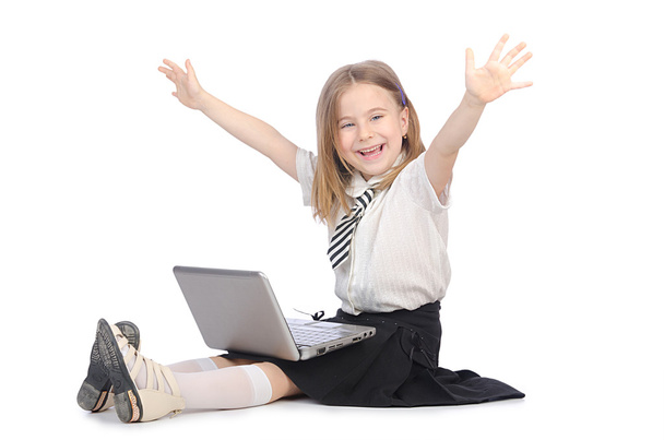 Menina bonito com laptop no branco
 - Foto, Imagem