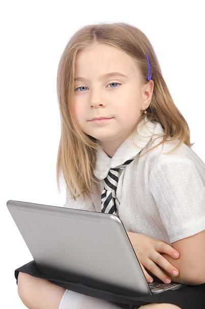 Cute girl with laptop on white - Фото, зображення