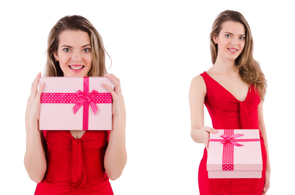 Pretty girl holding gift box isolated on white - 写真・画像
