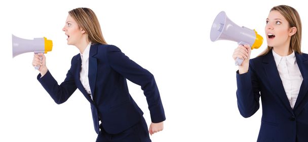 Geschäftsfrau mit Lautsprecher isoliert auf weiß - Foto, Bild