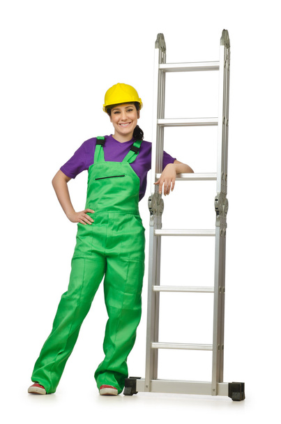 Arbeiterin mit Leiter auf weiß - Foto, Bild