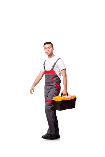Young man with toolkit toolbox isolated on white - Foto, imagen