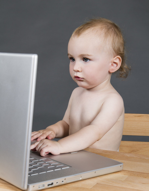 Bebé con ordenador portátil en fondo gris
 - Foto, Imagen