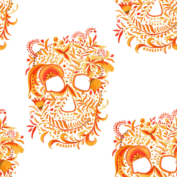 skull background with ornament Khokhloma.seamless pattern. watercolor illustration. - Photo, Image