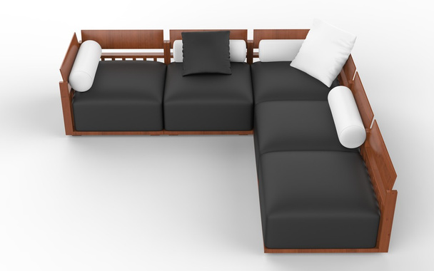 Corner sofa with wooden headrests, black seats and white pillows - top view - Photo, Image