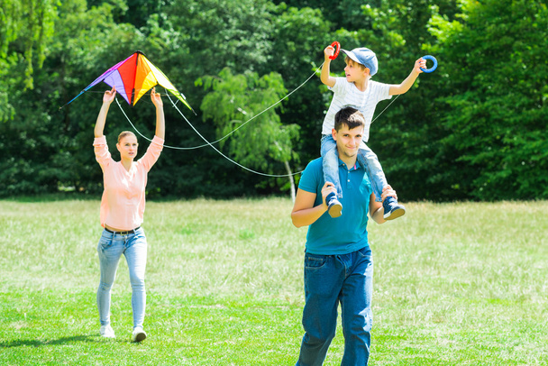 Family Flying Kite In The Park - Zdjęcie, obraz