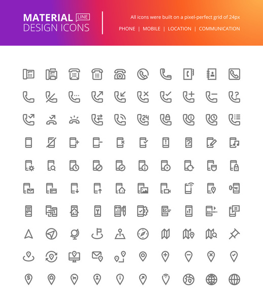 Material design icons set. Thin line pixel perfect icons for contact information, mobile communication and app, navigation.  - Vector, Image