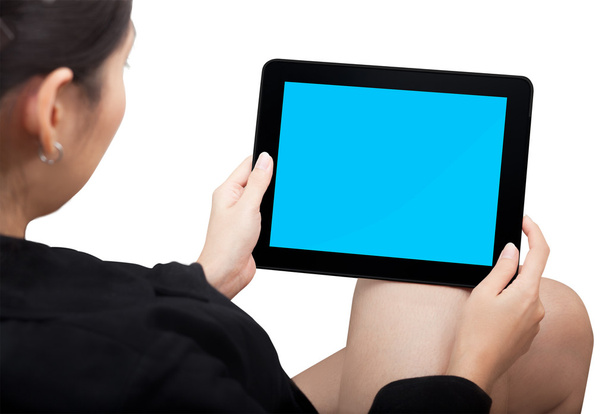 Женщина держит сенсорный ПК (планшетный компьютер
) - Фото, изображение