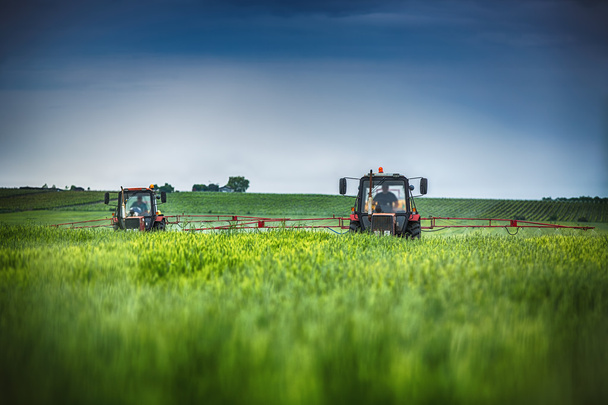 Mezőgazdasági traktor szántása és permetezése mezőn - Fotó, kép