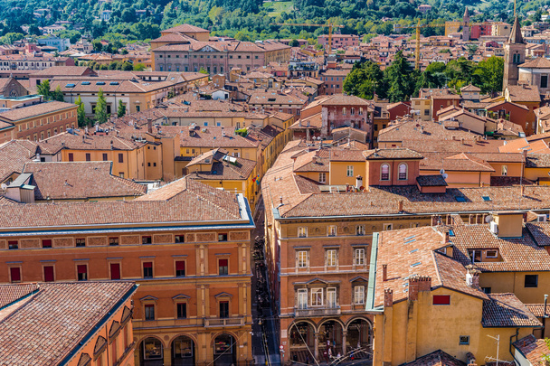 Bolognan ilmapanoraama-kaupunkikuva Italiassa, tyypillisten talojen, muinaisten rakennusten ja keskiaikaisten tornien katon yläpuolella
 - Valokuva, kuva