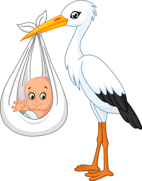 赤ん坊を運ぶ漫画のコウノトリ - ベクター画像