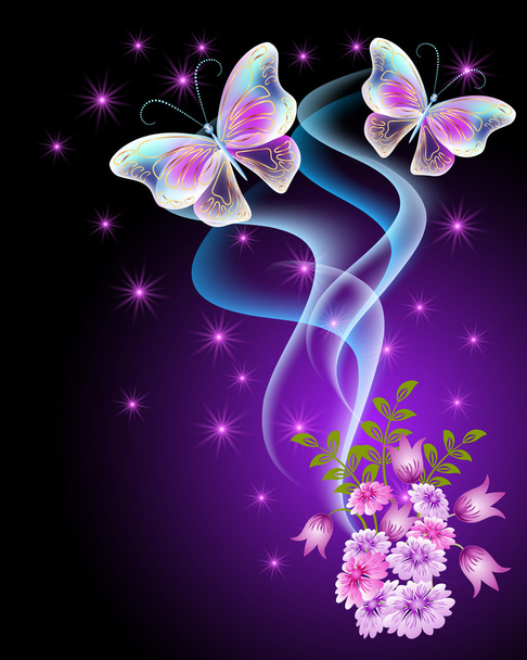 Transparent butterflies with flowers and stars - Vector, Image