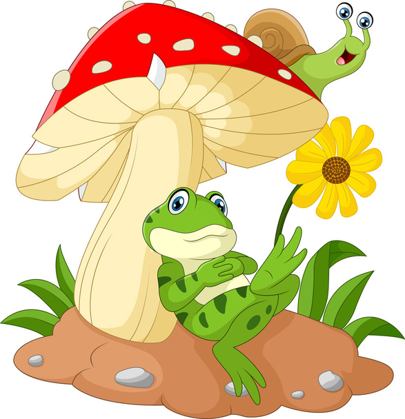 Roztomilý kreslený žabák a šnek s houbami - Vektor, obrázek