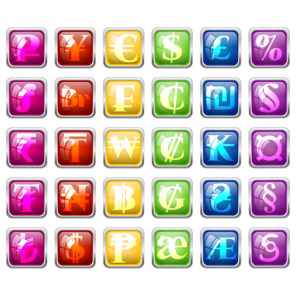 Set of currency symbols in colorful tile blocks - Vector, Image