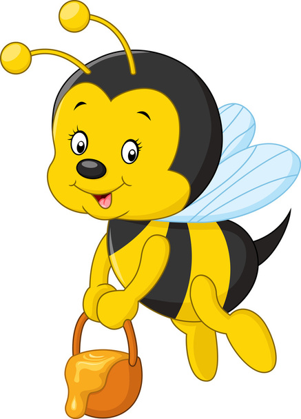 vuelo abeja dibujos animados celebración miel cubo
 - Vector, Imagen