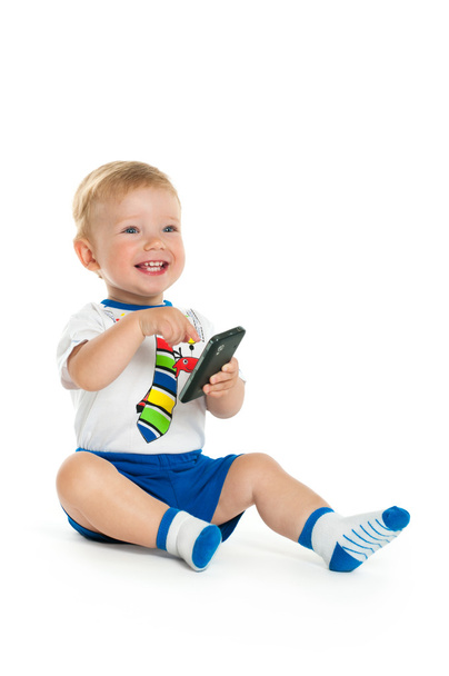 Happy baby with cell phone - 写真・画像