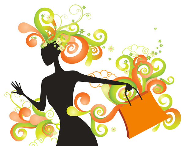 Whimsical shopping girl - Вектор,изображение