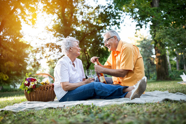 Szczęśliwa para starszy świętuje urodziny w parku - Zdjęcie, obraz