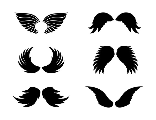黒いシルエットの天使の翼を設定します。ベクトルの羽コレクション. - ベクター画像