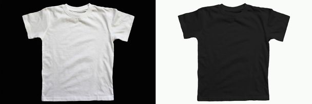 White cotton T-shirt on a black background. Black cotton t-shirt on a white background. - Photo, Image