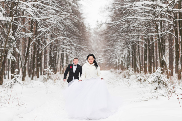 mariée et marié court sur un parc d'hiver
 - Photo, image