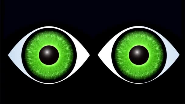 Zielone oczy czarny kot drapieżnika. Ruchome kocie oczy świecące w ciemności. Ilustracja wideo. - Materiał filmowy, wideo