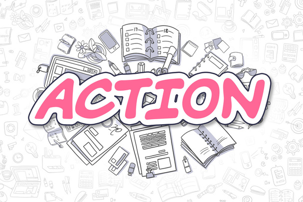 Action - Doodle Magenta Text. Business Concept. - Photo, Image