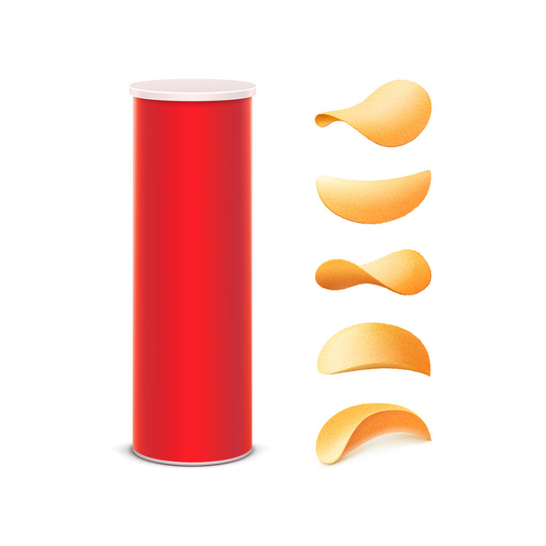 Wektor zestaw czerwony puszkę kontenera Tube dla projektowania pakiet z chrupiące chipsy ziemniaczane o różnych kształtach - Wektor, obraz