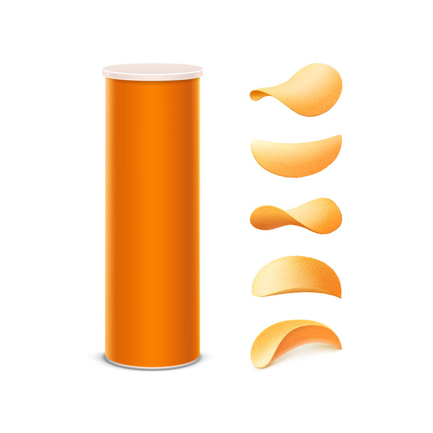Set of Orange Tin Box Container Tube for Package Design with Potato Crispy Chips of Different Shapes on White Background - Vector, Image