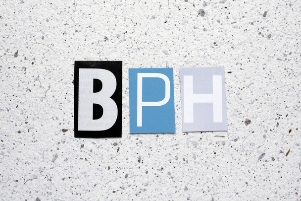 BPH (jóindulatú prosztata-megnagyobbodás) rövidítés vágott újság fehér merített papír textúra - Fotó, kép