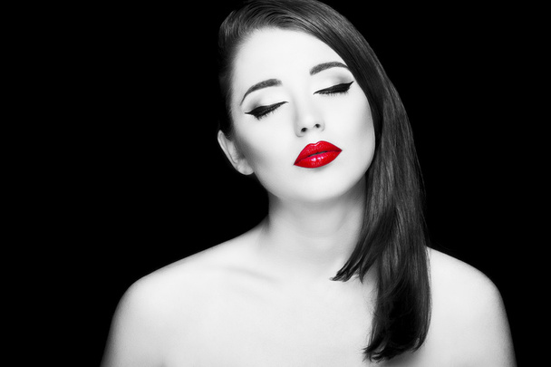 Gorgeous young woman with long eyelashes and red lips.  - Foto, Imagem