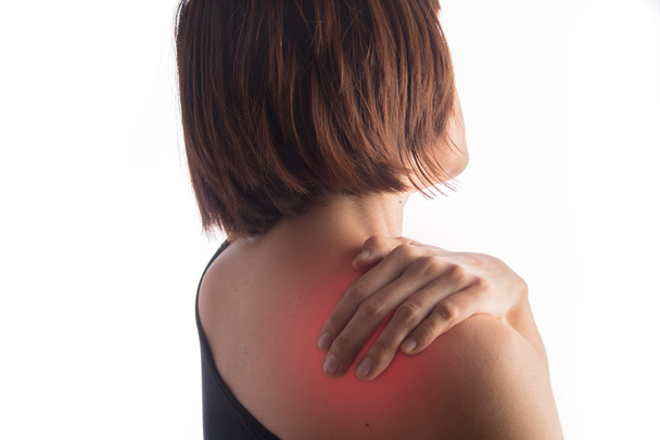 Η γυναίκα έχει τον πόνο της ασθένειας σύνδρομο γραφείο πίσω στον ώμο - Φωτογραφία, εικόνα