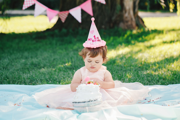 Portret van leuk schattig Kaukasische babymeisje met donkere bruine ogen in roze tutu jurk viert haar eerste verjaardag met gastronomische taart buiten in park, cake smash - Foto, afbeelding
