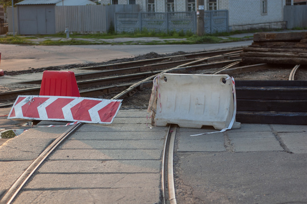Sluiting van tramrails voor reparaties  - Foto, afbeelding