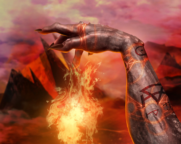 3D illustration of a demonic hand spell first person view. - Photo, Image