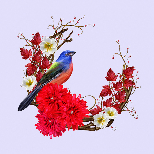 Weaving from twigs. Autumn background. Bright bird, red chrysanthemum flowers, autumn leaves and berries. - Φωτογραφία, εικόνα
