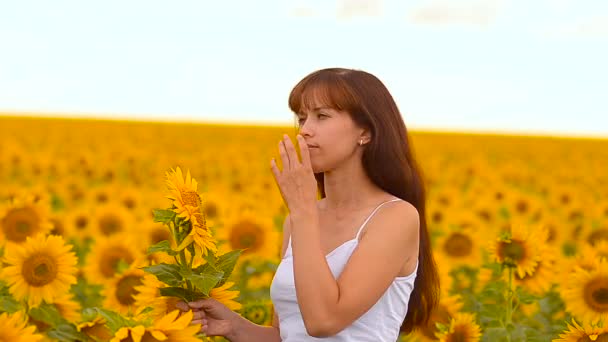 Girl smells a sunflower. - Footage, Video