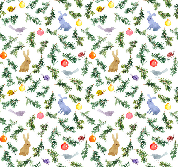 Cute rabbits, birds, christmas tree, baubles. Seamless pattern. Watercolor - Valokuva, kuva