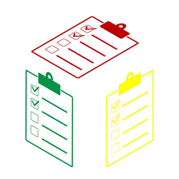 Illustrazione del segno della lista di controllo. Stile isometrico di icona rossa, verde e gialla
. - Vettoriali, immagini