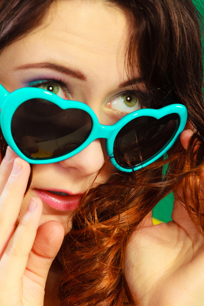 Girl in green sunglasses portrait - Фото, изображение