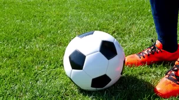 Soccer ball on the center point of a football field, player kicking the ball - Footage, Video