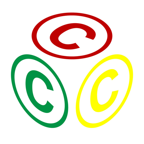 著作権、著作権記号の図。赤、緑、黄色のアイコンのアイソメ図スタイル. - ベクター画像
